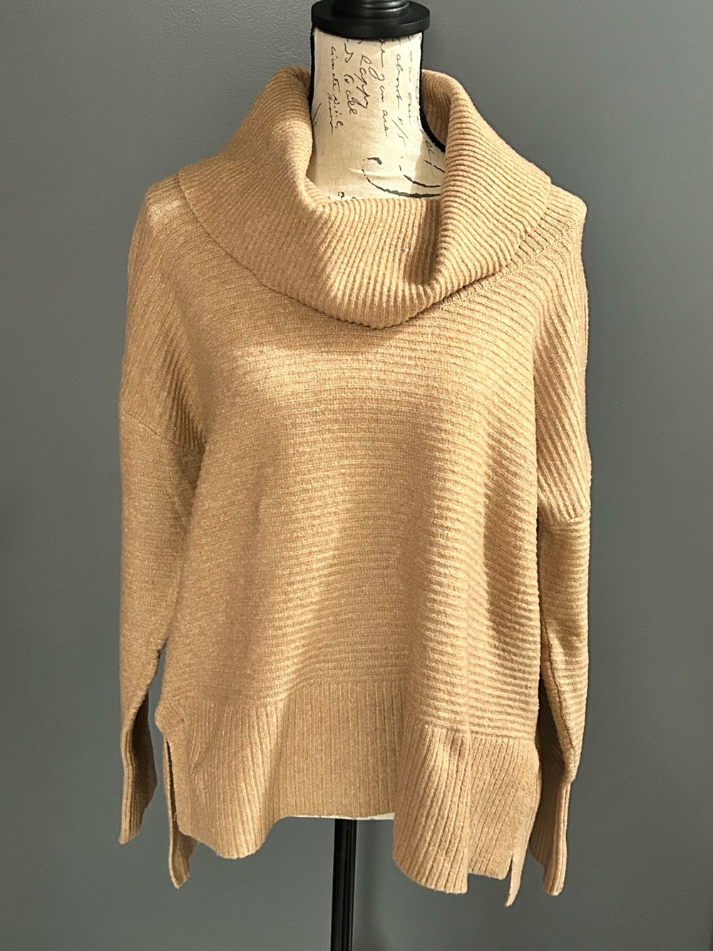 Oversized Tan Ribbed Cowl Neck Sweater -L